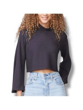 Monrow Dark Gray Mock Neck Ribbed Cropped Bell Sleeve Sweater Top - Medium